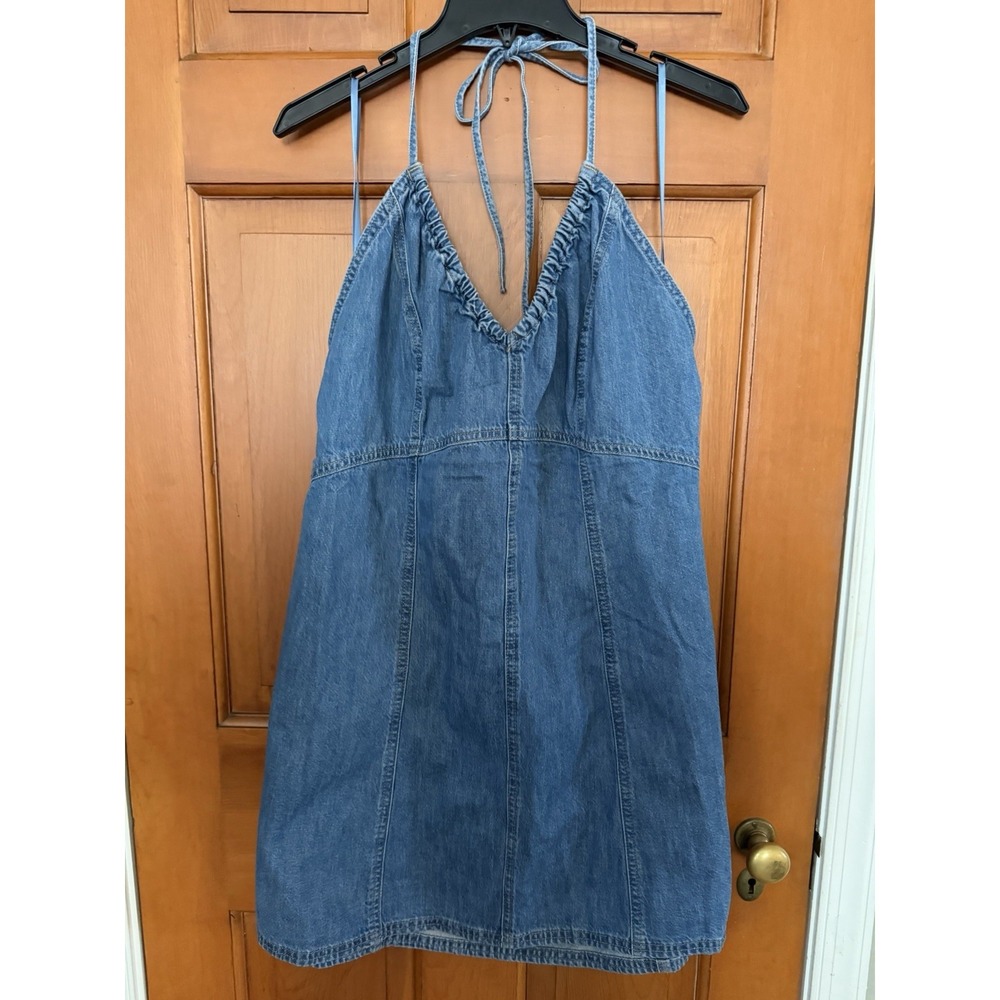 Women's Universal Thread Blue Denim Mini Halter Dress V-Neck Size XL Medium Wash